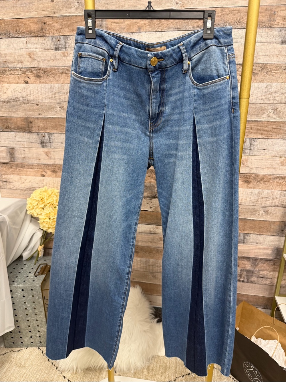 Blue Two-Tone Panel Wide-Leg Jeans
